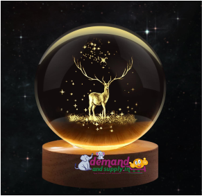 Crystal Ball Night Light with Wooden Base (Rain Deer)-3D